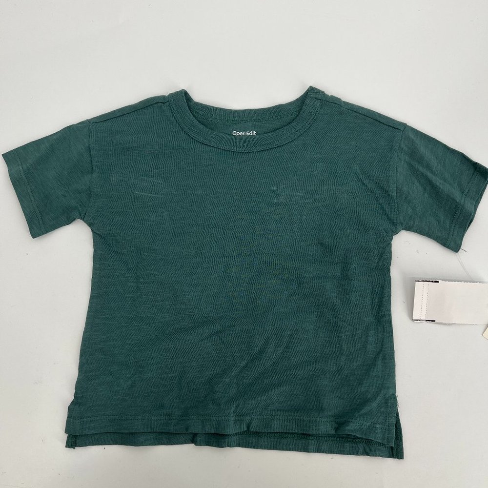 Open Edit Baby Short Sleeve Crew Neck T-Shirt Side Slit Ivory Green Size 18M NWT